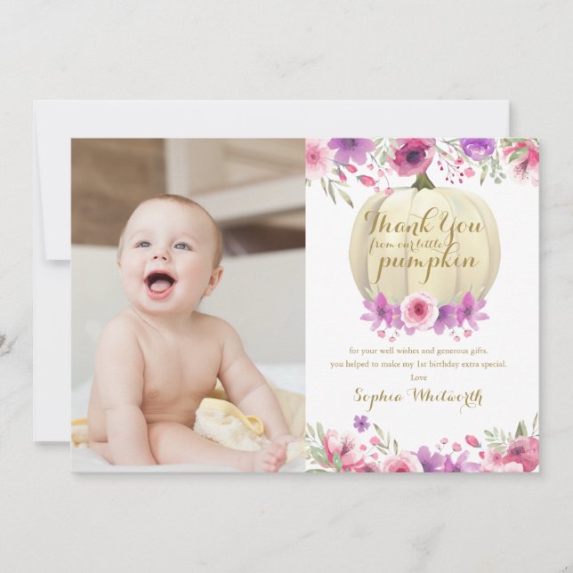 Cartão De Agradecimento Foto do primeiro aniversario Floral da Pequena Pum (Frente)