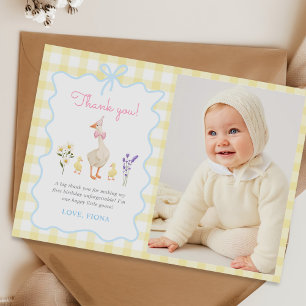 Cartão De Agradecimento Foto do primeiro aniversario Gingham Amarelo de Um