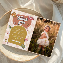 Cartão De Agradecimento Foto do primeiro aniversario Groovy Daisy Retro Pa