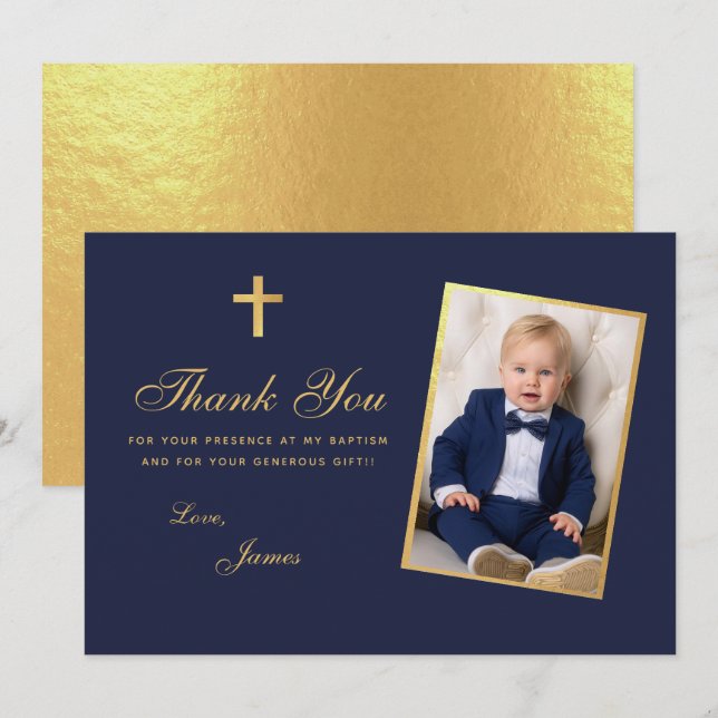 Cartão De Agradecimento Foto do Rapaz Baptism Faux Gold Foil Marinho Blue  (Frente/Verso)