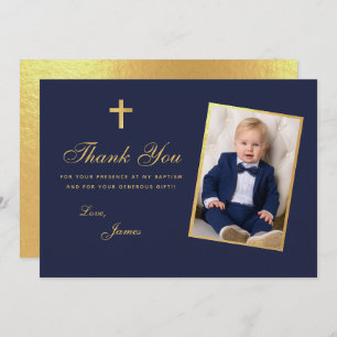 Cartão De Agradecimento Foto do Rapaz Baptism Faux Gold Foil Marinho Blue 
