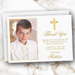 Cartão De Agradecimento Foto Dourada da Primeira Comunhão<br><div class="desc">O Elegante Cartões de agradecimentos da Primeira Comunhão com Cruz Dourada. Frente fotográfica. Dourado quadro.</div>