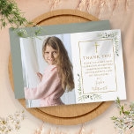 Cartão De Agradecimento Foto Dourada de 1º Sagrado Comunidade Verde<br><div class="desc">Dourada assinatura primeiro cartões de agradecimentos de fotos sagradas da comunhão. Personalize com sua foto especial e obrigado sua mensagem em letras chic gold neste moderno design. Projetado por Thisnotme©</div>