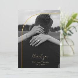 Cartão De Agradecimento Foto Dourada de casamento branco preto em arco mod