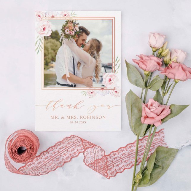 Cartão De Agradecimento Foto Dourada de Casamento com Rosa de Aquarela Flo (Criador carregado)