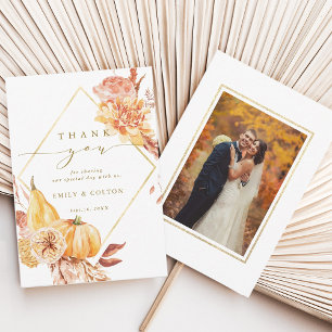 Cartão De Agradecimento Foto Dourada de Casamento de Pumpkin Floral Rustic