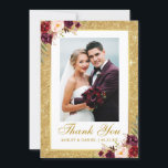Cartão De Agradecimento Foto Dourada de Casamento Elegante Glitter Burgund<br><div class="desc">Foto De Casamento Elegante Dourada Glitter Frame Watercolor Burgundy Marsala Cartões de agradecimentos Floral</div>