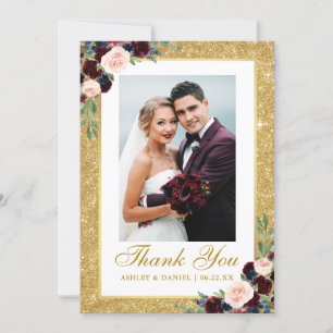 Cartão De Agradecimento Foto Dourada de Casamento Glitter Borgonha Azul Fl