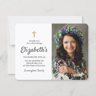 Cartão De Agradecimento Foto Dourada de Cruz Simples do Funeral Memorial