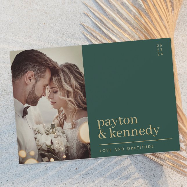 Cartão De Agradecimento Foto Dourada Elegante Simple Na moda Emerald Green (Criador carregado)