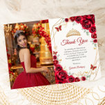 Cartão De Agradecimento Foto Dourada vermelha de Quinceanera<br><div class="desc">Cartões de agradecimentos de fotos vermelho,  dourado e floral branco Quinceanera. Recursos,  fontes de script,  borboletas douradas,  rosas de aquarela e tiara. Perfeito para uma elegante celebração de glam estilo princesa. Personalize com seus próprios detalhes.</div>