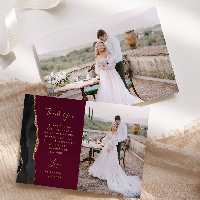 Cartão De Agradecimento Foto: Dourado Casamento de Borgonha com Script de  (Criador carregado)