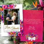 Cartão De Agradecimento Foto e Nota de Casamento de Obrigados e Amar Jardi<br><div class="desc">Esses belos cartões de casamento, obrigado, mostram sua foto cercada por um monte de flores tropicais e folhas em tons vibrantes de rosa quente, fúcsia, magenta, roxo e amarelo. A legenda diz: Amor e Obrigados, com seus nomes abaixo. O verso tem espaço para uma nota curta e assinatura personalizada. Simples...</div>