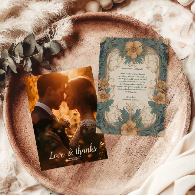 Cartão De Agradecimento Foto Elegante Art Nouveau Casamento Floral (Criador carregado)