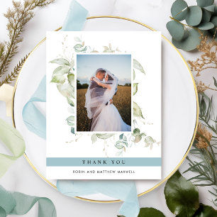 Cartão De Agradecimento Foto elegante Casamento Verde, Azul úmido