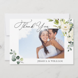 Cartão De Agradecimento FOTO Elegante Eucalyptus White Roses Floral