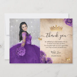 Cartão De Agradecimento Foto Elegante Roxo e Dourada Quinceañera Aniversár