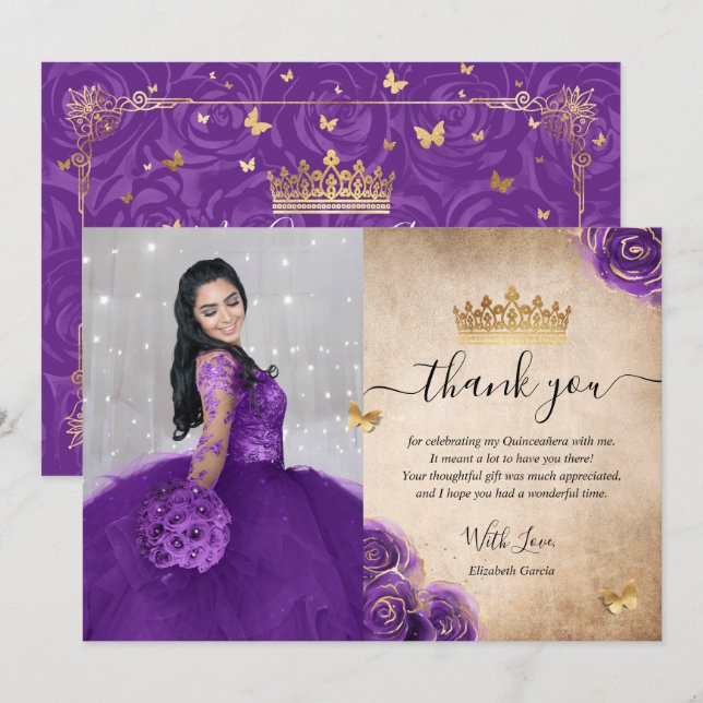 Cartão De Agradecimento Foto Elegante Roxo e Dourada Quinceañera Aniversár (Frente/Verso)