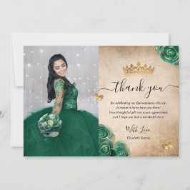 Cartão De Agradecimento Foto Elegante Verde e Dourada Quinceañera Aniversá