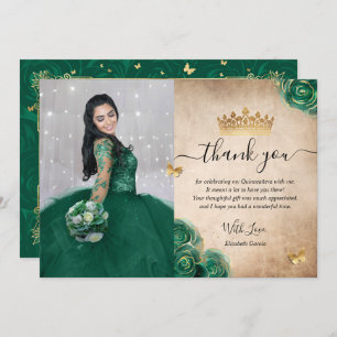 Cartão De Agradecimento Foto Elegante Verde e Dourada Quinceañera Aniversá