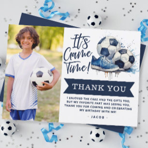 Cartão De Agradecimento Foto em Aquarela de Crianças de Futebol Azul Marin