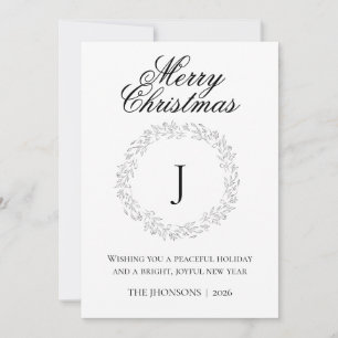 Cartão De Agradecimento Foto Feliz Natal Coroa Monograma Preto e Branco