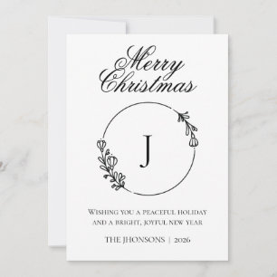 Cartão De Agradecimento Foto Feliz Natal Coroa Monograma Preto e Branco