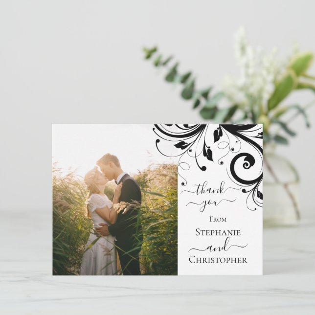 Cartão De Agradecimento Foto Festiva Negra e Branca - Obrigado (Em pé/Frente)