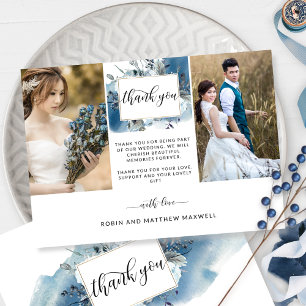 Cartão De Agradecimento Foto Floral Azul De Casamento Elegante