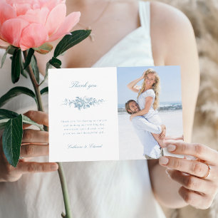 Cartão De Agradecimento Foto Floral Clássica Azul e Branco