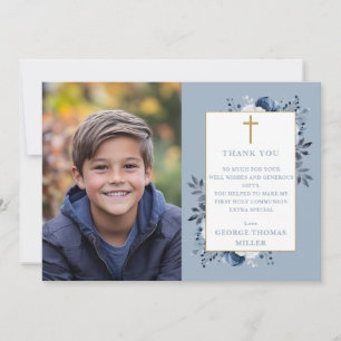 Cartão De Agradecimento Foto Floral Dusty Blue Primeira Comunhão Sagrada