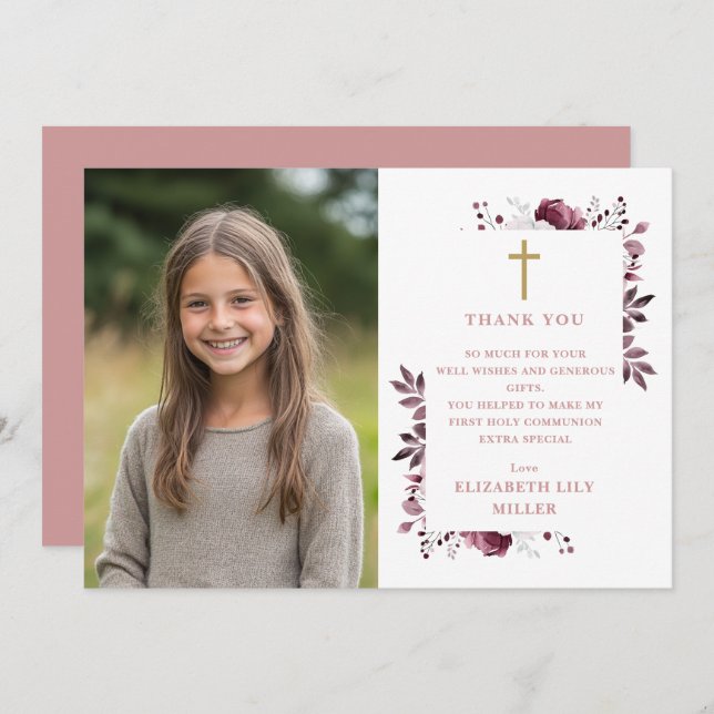 Cartão De Agradecimento Foto Floral Rosa Boho Primeira Comunhão Sagrada (Frente/Verso)
