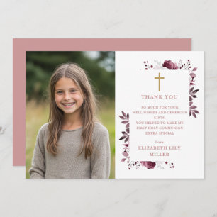 Cartão De Agradecimento Foto Floral Rosa Boho Primeira Comunhão Sagrada