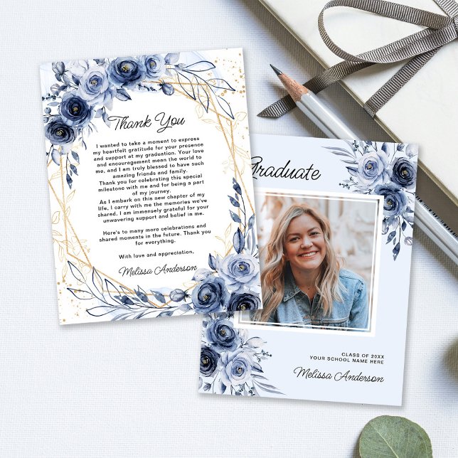 Cartão De Agradecimento Foto Formando Marinho flores azuis Obrigado (Criador carregado)