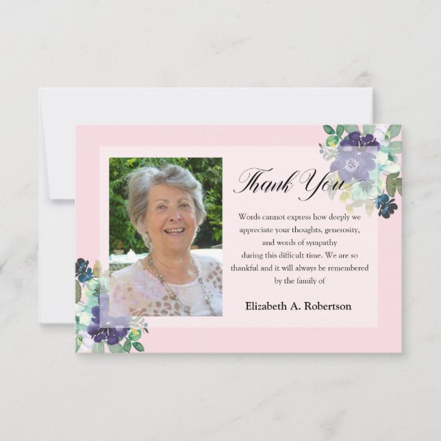 Cartão De Agradecimento Foto Funeral Obrigado Flores Roxas a Rosa (Frente)