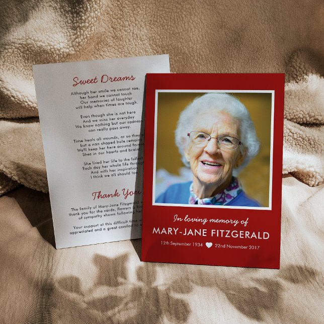 Cartão De Agradecimento Foto Funeral Obrigado | Memória Vermelha Em Amor (Criador carregado)