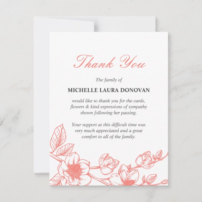 Cartão De Agradecimento Foto Funeral Obrigado Nota| Magnésia Coral (Frente)