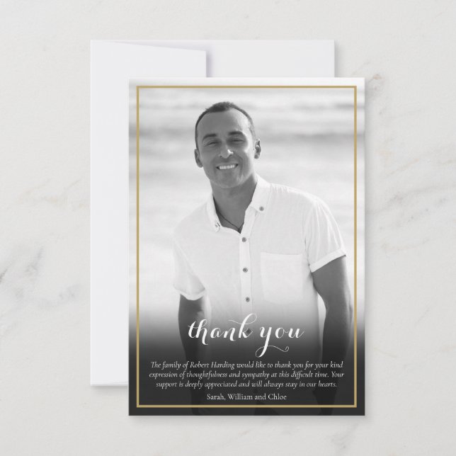 Cartão De Agradecimento Foto Funerária, Dourada Cruz Elegante Branca e Pre (Frente)