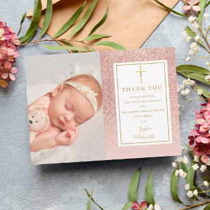 Cartão De Agradecimento Foto Glitter Dourada do Rosa de Natal Baptism