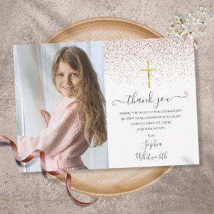 Cartão De Agradecimento Foto Glitter rosa Dourada Primeira Comunhão Santa