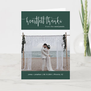 Cartão De Agradecimento Foto Mínima de Casamento de Script Emerald Green D