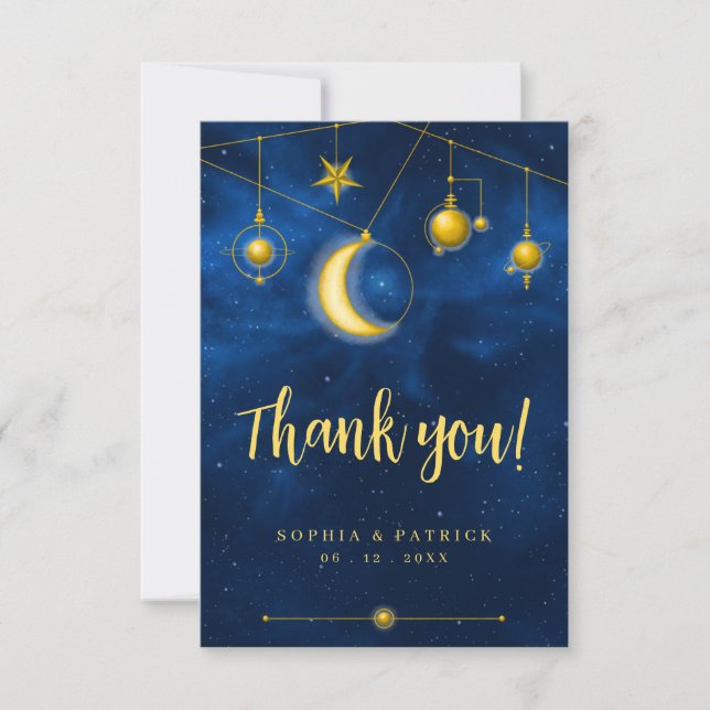 Cartão De Agradecimento Foto Moderna Celestial Midnight Azul Dourado (Frente)
