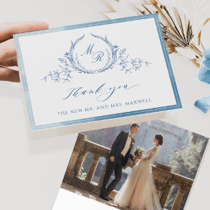 Cartão De Agradecimento Foto, Monograma Clássico Azul, Casamento de Aquare