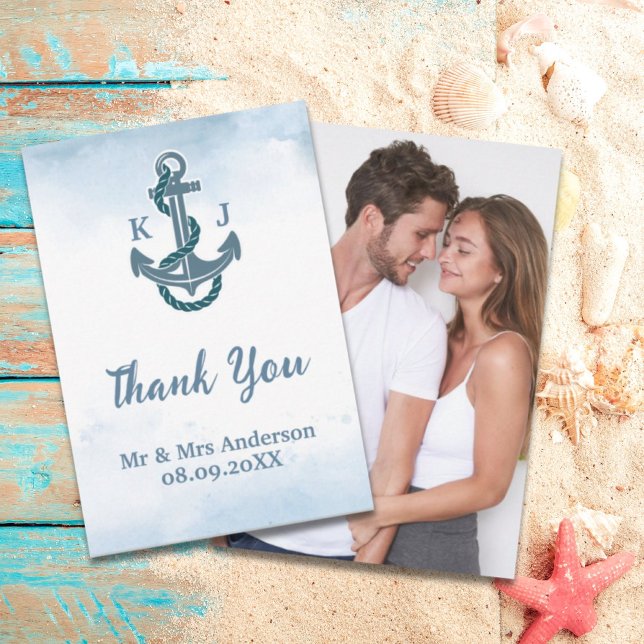 Cartão De Agradecimento Foto Náutica de Casamento Náutico Anchor Azul Prai (Coastal Beach Blue Anchor Nautical Wedding Photo Thank You Card)