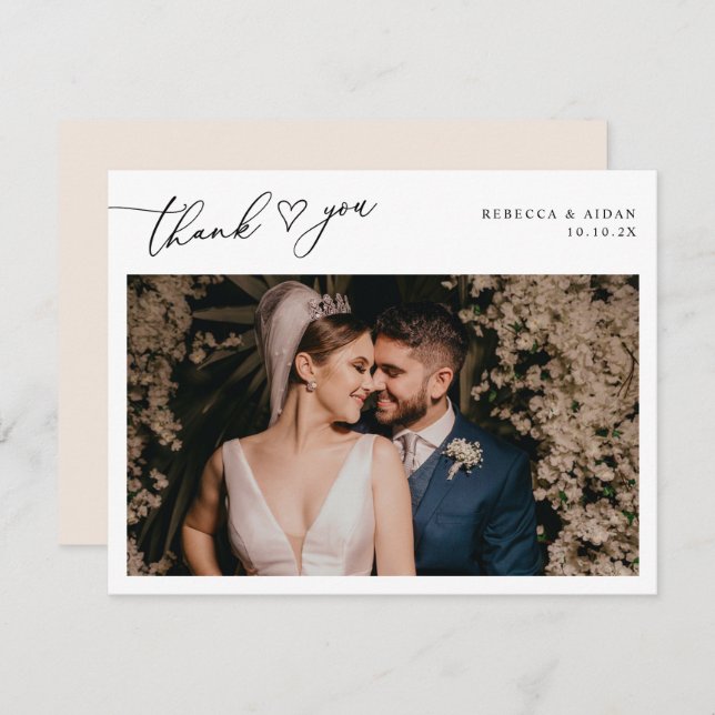 Cartão De Agradecimento Foto Neutral Boho Blush Script Heart Wedding (Frente/Verso)