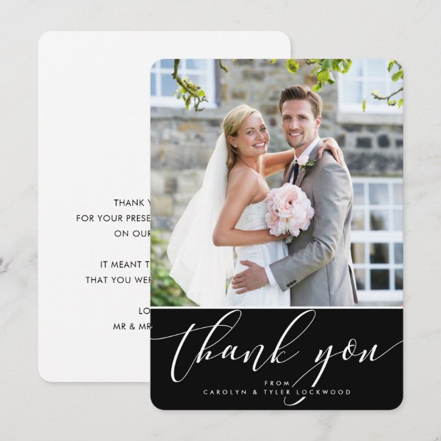 Cartão De Agradecimento FOTO OBRIGADO bonito caligrafia branca preta (Frente/Verso)