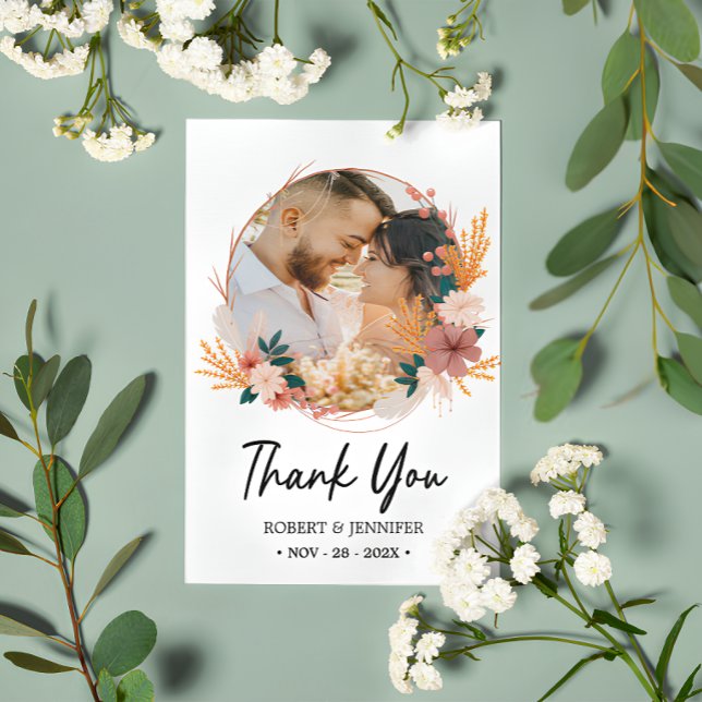 Cartão De Agradecimento Foto Personalizada 2 | Boho Floral Wildflower Wedd (Boho Floral Wildflower Wedding Thank You Card
)