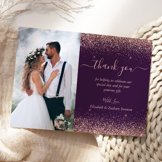 Cartão De Agradecimento Foto personalizada Casamento Glitter Dourado Rosa  (Criador carregado)