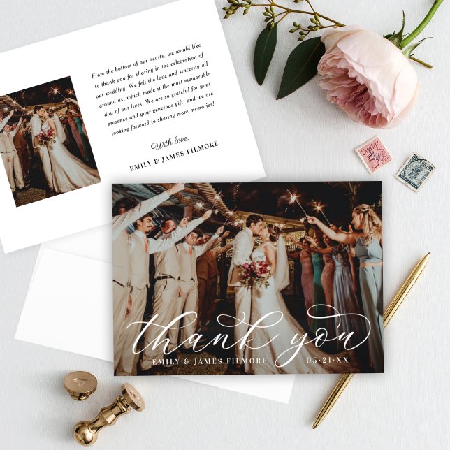 Cartão De Agradecimento Foto Personalizada De Casamento De Caligrafia Eleg (Criador carregado)