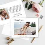 Cartão De Agradecimento Foto Personalizada de Casamento de Script Preto Mo<br><div class="desc">Obrigado de casamento horizontal plano que vocês cartões com fotos apresentam texto moderno e mínimo preto "Obrigado" com sotaque cardíaco fofo. Personalize a frente com uma foto favorita da noiva e do noivo, assim como um simples monograma sans serif dos nomes dos casais. A parte de trás contém uma segunda...</div>